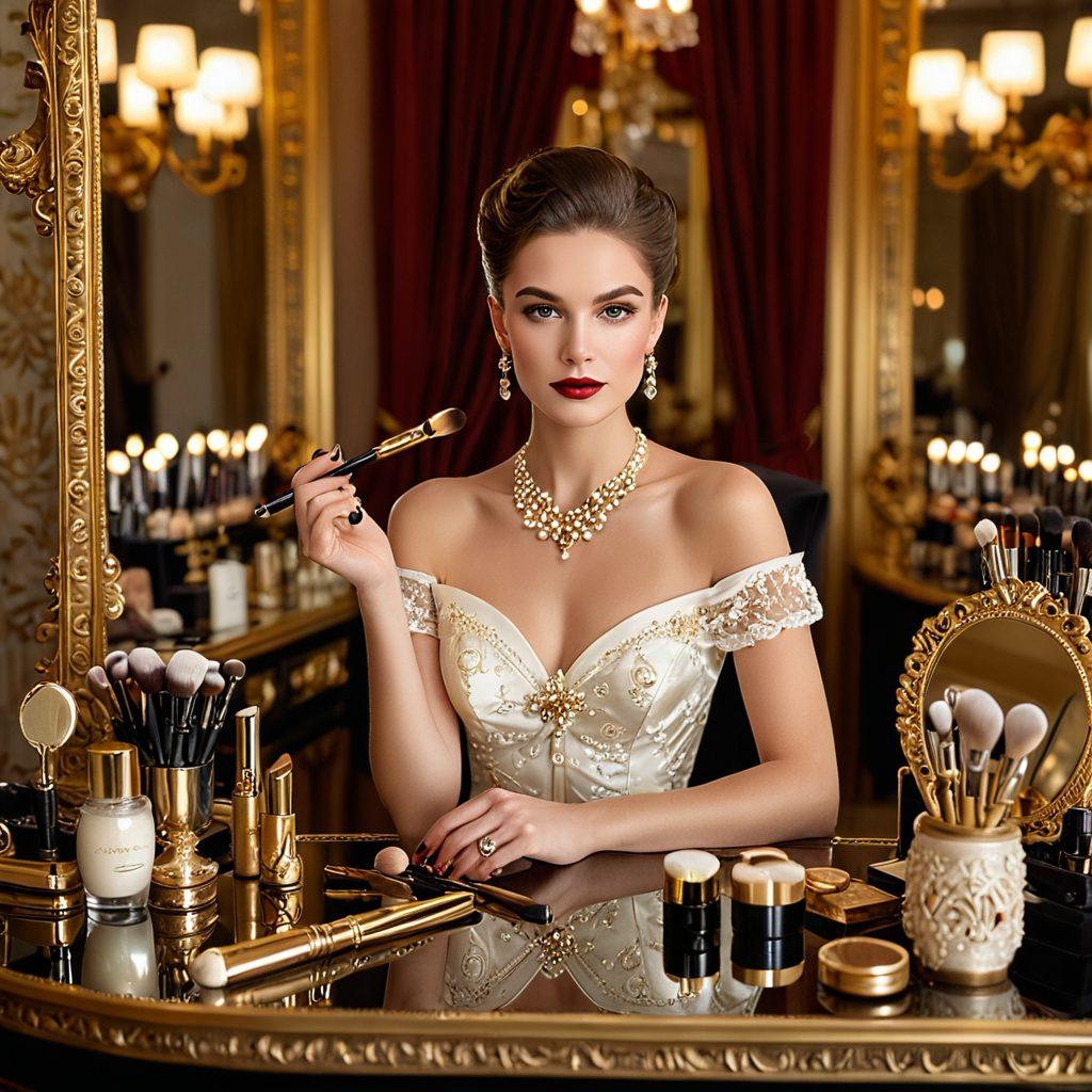 A sophisticated woman in an elegant setting, surrounded by vintage beauty products, makeup brushes, and mirrors. Soft, golden light illuminating her flawless makeup and a sense of timeless grace. Glamorous and chic atmosphere. super-realistic. vibrant colors. elegant background.