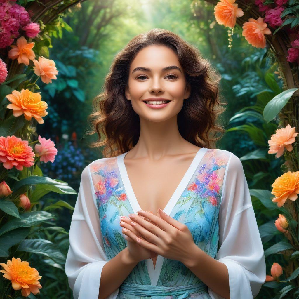 A radiant, confident woman with glowing skin and lustrous hair, standing against a nature-inspired background of blooming flowers and flowing water. She is holding a set of elegant cosmetic products and skincare essentials in perfectly manicured hands. Her serene smile reflects inner and outer beauty. Art nouveau style with vibrant colors.